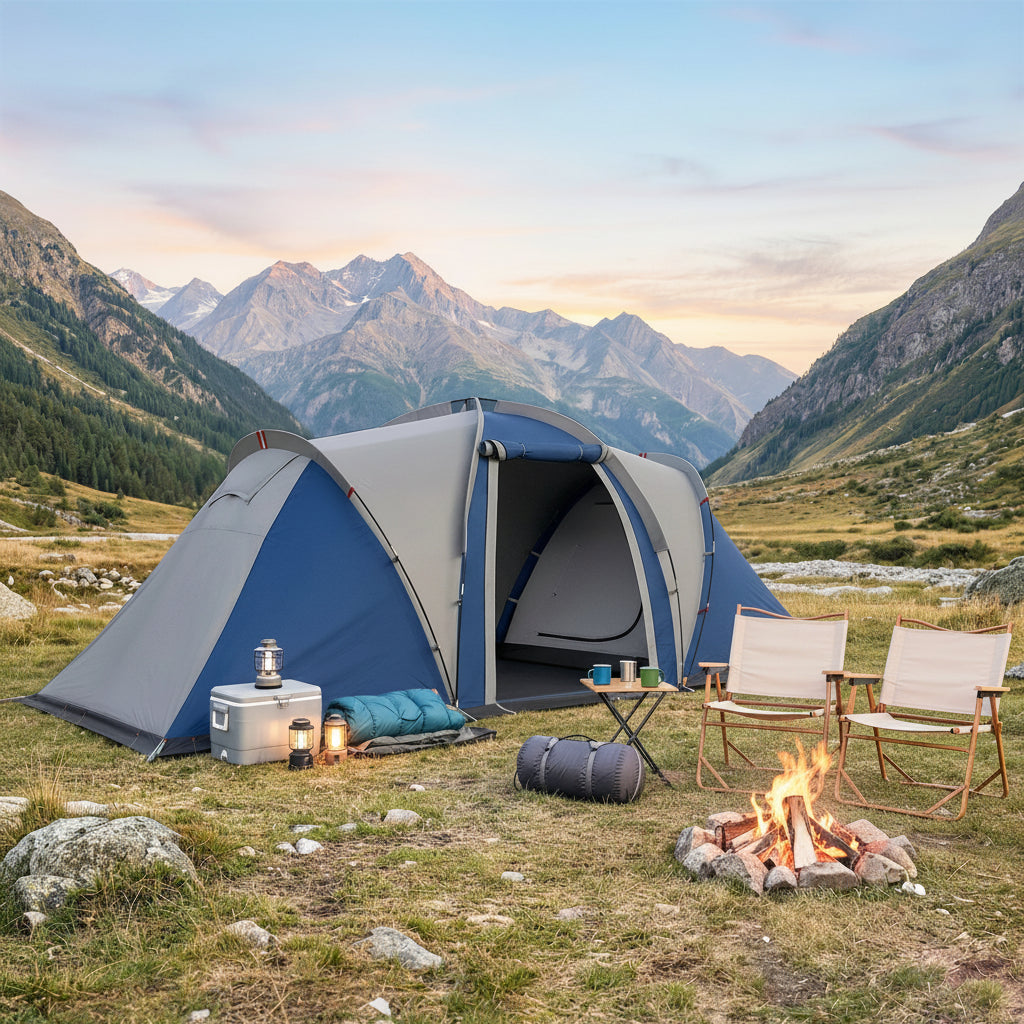 Outsunny Double layer Camping Tent family Tunnel 4-5 people 2 bedrooms and stay for 12 people blue