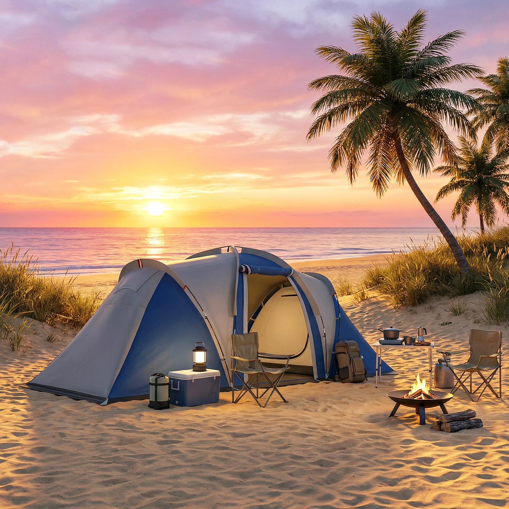 Outsunny Double layer Camping Tent family Tunnel 4-5 people 2 bedrooms and stay for 12 people blue