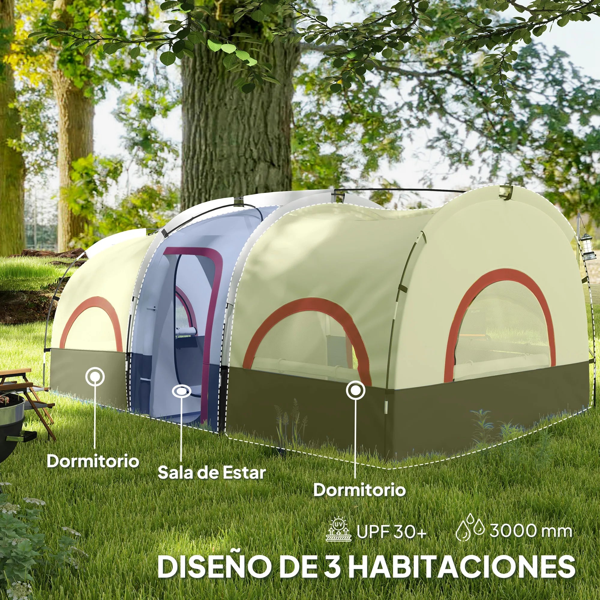 Outsunny Tunnel-Type Family Camping Tent for 4-6 People Gray White